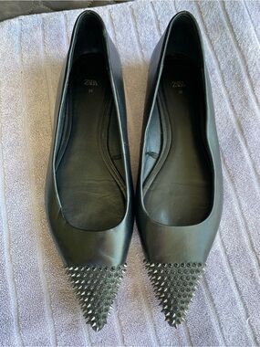 ZARA Black Leather Studded Spiked Pointed Toe Ballet Flats Size 39 Rocker 8